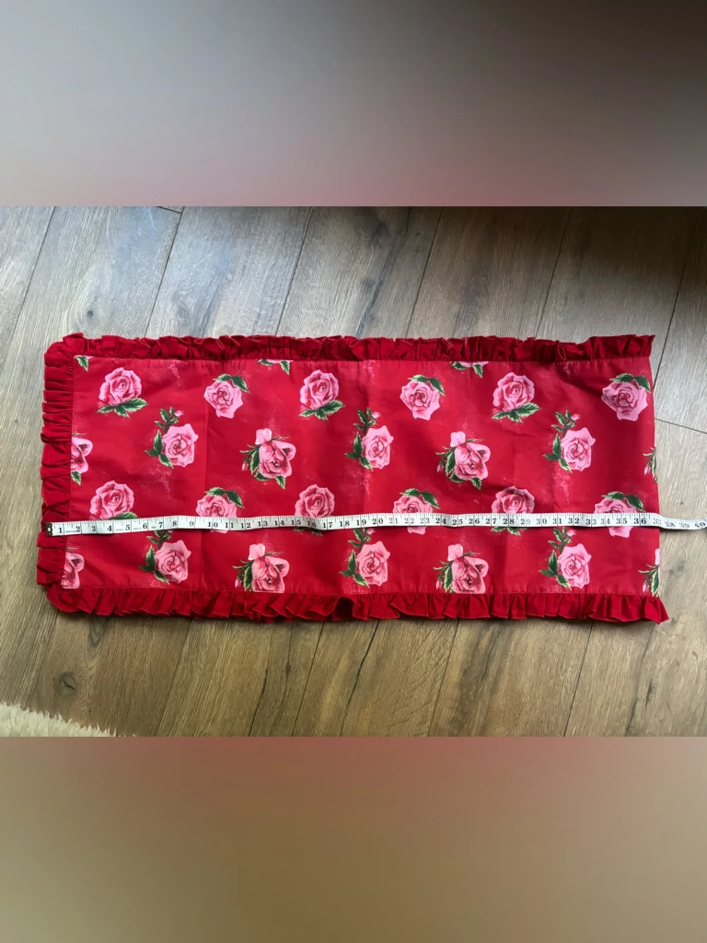 Red Floral Ruffled Rose Table Runner 74x17 Rectangle Reversible Stripe